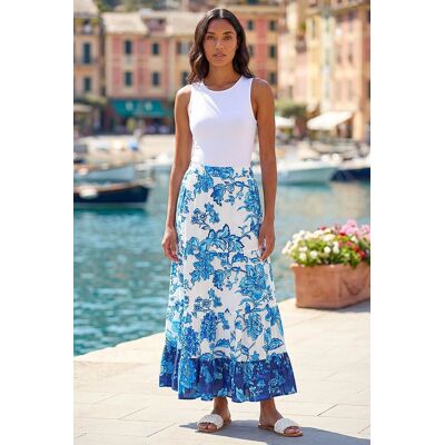 Roman Women's Contrast Floral Tiered Skirt in Blue Size: 14 Blue 14 Roman Women's Contrast Floral Tiered Skirt in Blue Size: 14 Blue 14