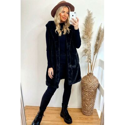 CY Women's Longline Faux Fur Gilet with Oversized Fit & Hood in Black Size: 2XL Black 2XL CY Women's Longline Faux Fur Gilet with Oversized Fit & Hood in Black Size: 2XL Black 2XL