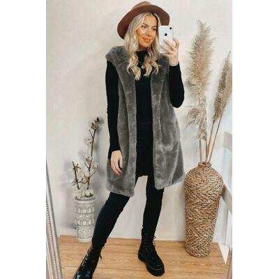 CY Women's Longline Faux Fur Gilet with Oversized Fit & Hood in Grey Size: 2XL Grey 2XL CY Women's Longline Faux Fur Gilet with Oversized Fit & Hood in Grey Size: 2XL Grey 2XL