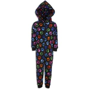 Camille Multicoloured Supersoft Paw Print Hooded All In One Onesie in Black Size: 6-8 Years Black 6-8 Years Camille Multicoloured Supersoft Paw Print Hooded All In One Onesie in Black Size: 6-8 Years Black 6-8 Years