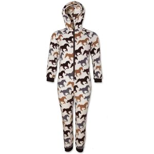 Camille Girl's Supersoft Multicoloured Horse Print Hooded All In One Onesie in Cream Size: 6-8 Years Cream 6-8 Years Camille Girl's Supersoft Multicoloured Horse Print Hooded All In One Onesie in Cream Size: 6-8 Years Cream 6-8 Years