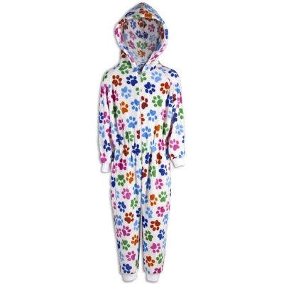 Camille Multicoloured Supersoft Paw Print Hooded All In One Onesie in White Size: 6-8 Years White 6-8 Years Camille Multicoloured Supersoft Paw Print Hooded All In One Onesie in White Size: 6-8 Years White 6-8 Years