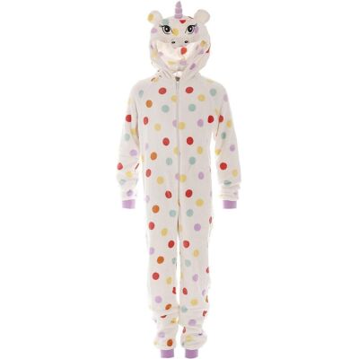 Camille Girl's Supersoft Unicorn Mulitcoloured Polka Dot Hooded All In One Onesie in White Size: 6-8 Years White 6-8 Years Camille Girl's Supersoft Unicorn Mulitcoloured Polka Dot Hooded All In One Onesie in White Size: 6-8 Years White 6-8 Years