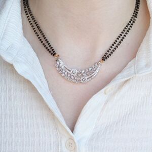 The Colourful Aura Women's Indian Nazaria Silver Floral Zircon Mangalsutra Black Beads Earring & Necklace Size: 18 inches Silver 18 inches The Colourful Aura Women's Indian Nazaria Silver Floral Zircon Mangalsutra Black Beads Earring & Necklace Size: 18 inches Silver 18 inches