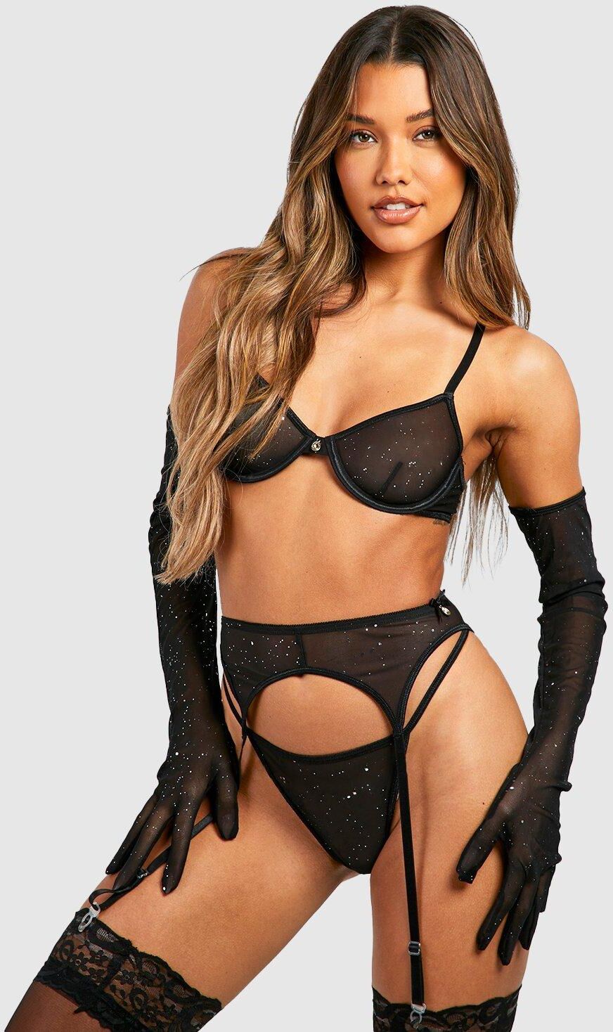 boohoo Valentine's Sparkle Lingerie And Suspender Set With Gloves