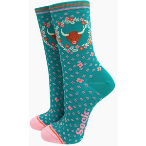 Sock Talk Women's Highland Cow & Floral Wreath Bamboo Socks in Teal Size: 3-7 Teal 3-7 Sock Talk Women's Highland Cow & Floral Wreath Bamboo Socks in Teal Size: 3-7 Teal 3-7