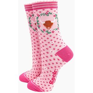 Sock Talk Women's Highland Cow & Floral Wreath Bamboo Socks in Pink Size: 3-7 Pink 3-7 Sock Talk Women's Highland Cow & Floral Wreath Bamboo Socks in Pink Size: 3-7 Pink 3-7