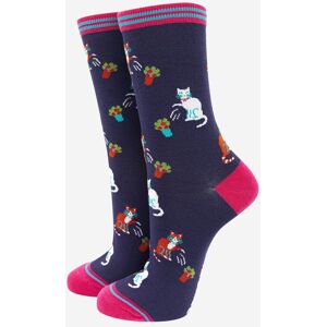 Sock Talk Women's Clumsy Cats & Flower Pots Bamboo Socks in Navy Blue Size: 3-7 Blue 3-7 Sock Talk Women's Clumsy Cats & Flower Pots Bamboo Socks in Navy Blue Size: 3-7 Blue 3-7