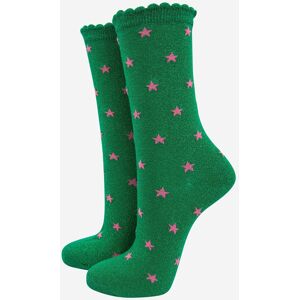 Sock Talk Women's Star Print Cotton Glitter Socks Scalloped Cuff in Green Size: 3-7 Green 3-7 Sock Talk Women's Star Print Cotton Glitter Socks Scalloped Cuff in Green Size: 3-7 Green 3-7