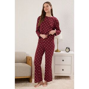 HOXTON GAL Women's Women's Relaxed Fit Pyjama Set Polka Dot & Heart Print in Burgundy Size: Large Burgundy L HOXTON GAL Women's Women's Relaxed Fit Pyjama Set Polka Dot & Heart Print in Burgundy Size: Large Burgundy L