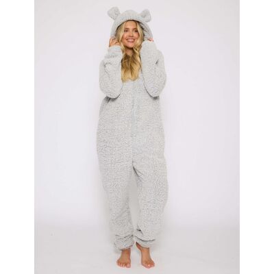 Loungeable Women's Cosy Borg Fleece Hooded Ears All In One in Silver Size: XL Silver XL Loungeable Women's Cosy Borg Fleece Hooded Ears All In One in Silver Size: XL Silver XL