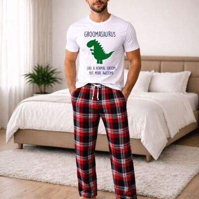 60 SECOND MAKEOVER Men's Groomasaurus Groom Dinosaur Tartan Pyjama Set in Red Size: XL Red XL 60 SECOND MAKEOVER Men's Groomasaurus Groom Dinosaur Tartan Pyjama Set in Red Size: XL Red XL