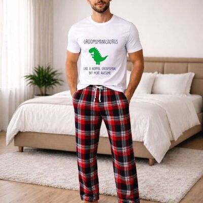 60 SECOND MAKEOVER Men's Groomsmanasaurus Groomsman Dinosaur Tartan Pyjama Set in Red Size: Medium Red M 60 SECOND MAKEOVER Men's Groomsmanasaurus Groomsman Dinosaur Tartan Pyjama Set in Red Size: Medium Red M