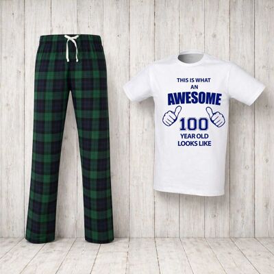 60 SECOND MAKEOVER Men's This Is What An Awesome 100 Year Old Looks Like Tartan Pyjama Set in Green Size: Large Green L 60 SECOND MAKEOVER Men's This Is What An Awesome 100 Year Old Looks Like Tartan Pyjama Set in Green Size: Large Green L