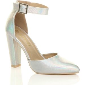 AJVANI Women's High Block Heel Ankle Strap Pointed Toe 2 Part Heels in Metallic Silver Size: 4 Metallic Silver 4 AJVANI Women's High Block Heel Ankle Strap Pointed Toe 2 Part Heels in Metallic Silver Size: 4 Metallic Silver 4