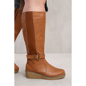 Where's That From Women's 'Ayleen' Wide Calf Wedge Heel Knee High Boots With Elastic Panel in Tan Size: 4E Tan 4E Where's That From Women's 'Ayleen' Wide Calf Wedge Heel Knee High Boots With Elastic Panel in Tan Size: 4E Tan 4E