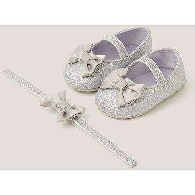 Monsoon Girl's Baby Bow Glitter Booties & Headband Set Silver Size: 12-18 m Silver 12-18 m Monsoon Girl's Baby Bow Glitter Booties & Headband Set Silver Size: 12-18 m Silver 12-18 m
