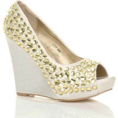AJVANI Women's High Wedge Heel Embellished Gem Peep Toe Court Shoes in White Size: 7 White 7 AJVANI Women's High Wedge Heel Embellished Gem Peep Toe Court Shoes in White Size: 7 White 7