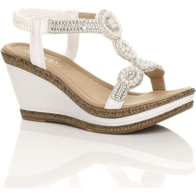 AJVANI Women's High Wedge Heel Diamante T-Bar Slingback Sandals in White Size: 5 White 5 AJVANI Women's High Wedge Heel Diamante T-Bar Slingback Sandals in White Size: 5 White 5
