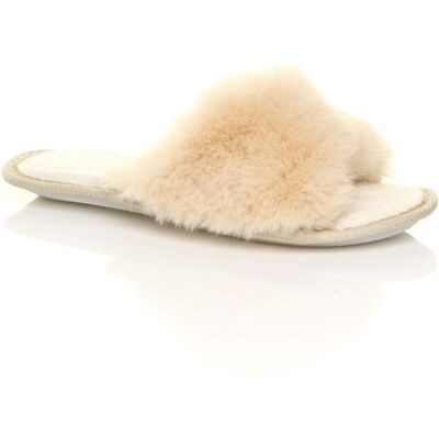 AJVANI Women's Flat Heel Fluffy Peep Toe Slippers in Beige Size: Large Beige L AJVANI Women's Flat Heel Fluffy Peep Toe Slippers in Beige Size: Large Beige L