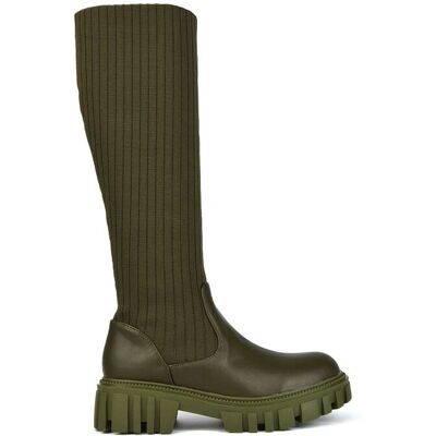XY London Women's 'Kirsten' Knitted Sock Knee High Boots with Chunky Sole in Khaki Size: 4 Khaki 4 XY London Women's 'Kirsten' Knitted Sock Knee High Boots with Chunky Sole in Khaki Size: 4 Khaki 4