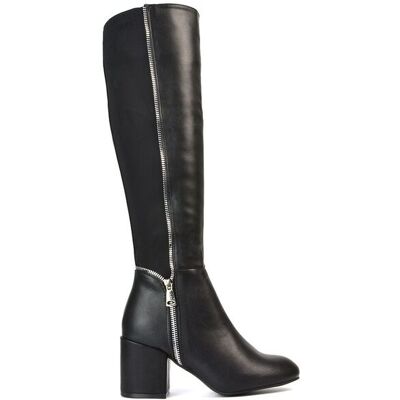 XY London Women's 'Ronald' Silver Zip Up Knee High Boots With Mid Block Heel in Black Size: 4 Black 4 XY London Women's 'Ronald' Silver Zip Up Knee High Boots With Mid Block Heel in Black Size: 4 Black 4