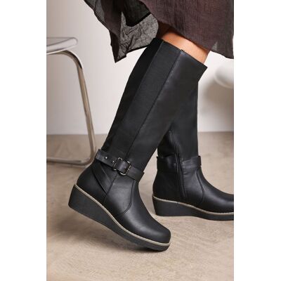 Where's That From Women's 'Regina' Wide Fit Faux Leather Knee High Wedge Boots in Black Size: 8E Black 8E Where's That From Women's 'Regina' Wide Fit Faux Leather Knee High Wedge Boots in Black Size: 8E Black 8E