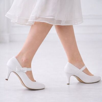 ABSOLUTE FOOTWEAR Women's High Heel Court Shoe Satin Look Asymmetric Bow Trim Bar Strap in White Size: 5 White 5 ABSOLUTE FOOTWEAR Women's High Heel Court Shoe Satin Look Asymmetric Bow Trim Bar Strap in White Size: 5 White 5
