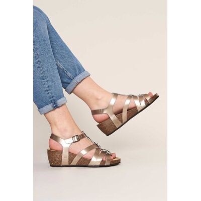 Moshulu Women's 'Polperro' Strappy Cork Wedge Sandals in Metallic Gold Size: 5 Metallic Gold 5 Moshulu Women's 'Polperro' Strappy Cork Wedge Sandals in Metallic Gold Size: 5 Metallic Gold 5