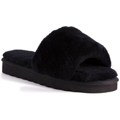 Aus Wooli Australia Women's Sheepskin Fluff Slide Slippers in Black Size: 4 Black 4 Aus Wooli Australia Women's Sheepskin Fluff Slide Slippers in Black Size: 4 Black 4