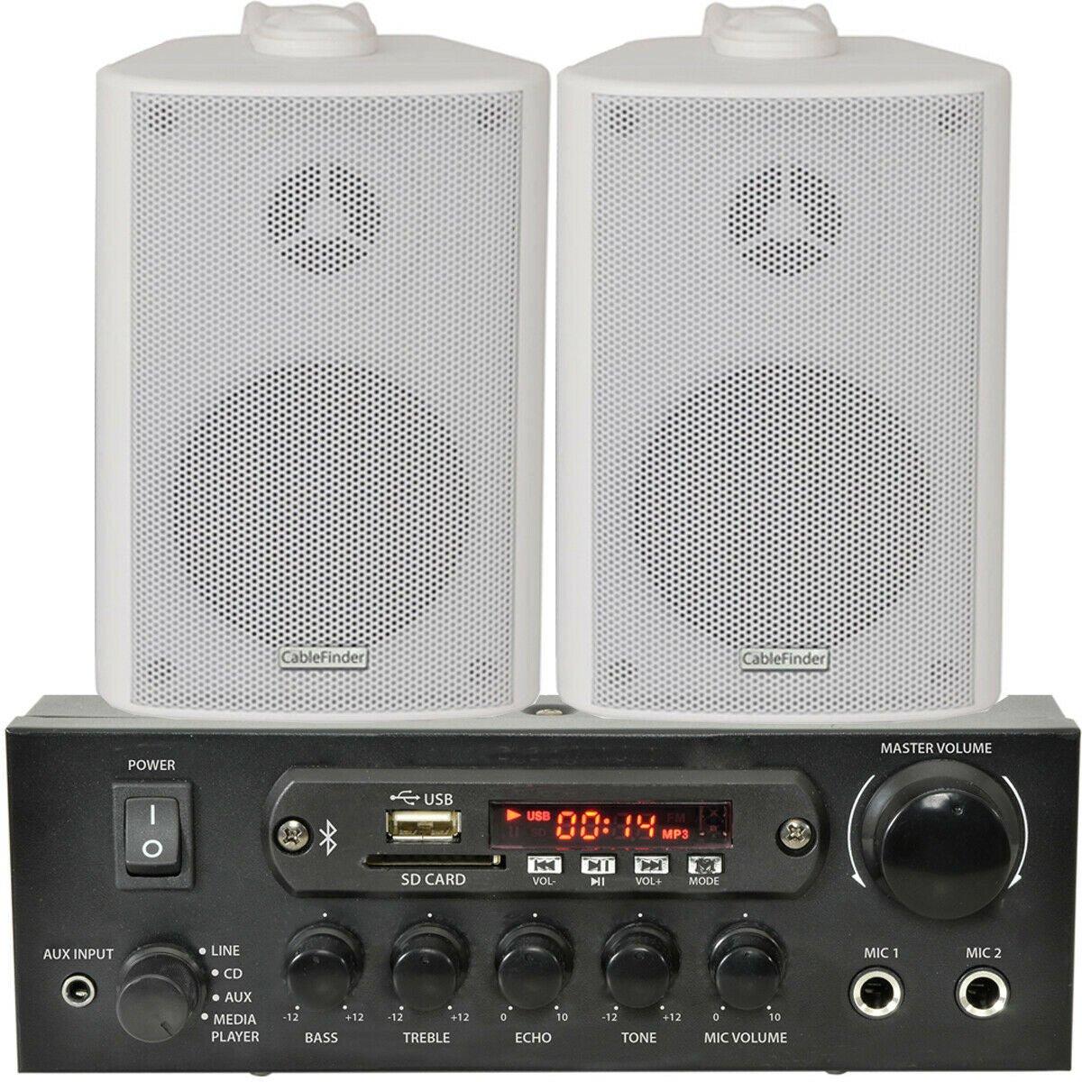 Loops 110W Bluetooth Amplifier & 2x 60W White Wall Speakers Wireless Bedroom HiFi Kit
