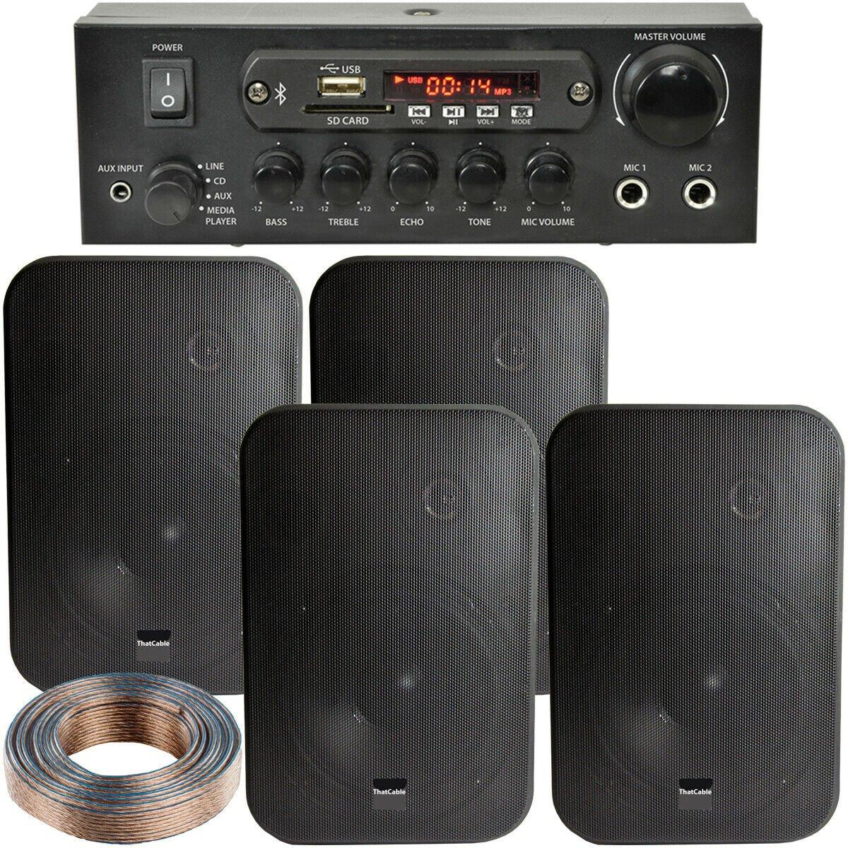 Loops Bluetooth Sound System 4x Black 200W Wall Speakers - 2 Channel Stereo Amplifier