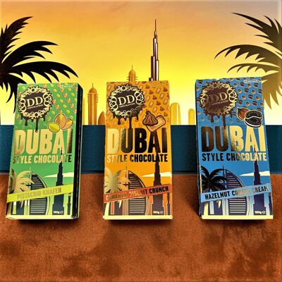 DD Chocolatiers Dubai Style Chocolate: Caramel Biscuit Crunch, Hazelnut Cookie Cream & Pistachio Knafeh - 3 x 190g Multicolor DD Chocolatiers Dubai Style Chocolate: Caramel Biscuit Crunch, Hazelnut Cookie Cream & Pistachio Knafeh - 3 x 190g Multicolor