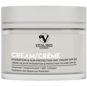 Vital Skin London Hydration & Sun Protection Day Cream SPF30 with Collagen Ceramide & Centella in Silver Size: 50g Silver 50g Vital Skin London Hydration & Sun Protection Day Cream SPF30 with Collagen Ceramide & Centella in Silver Size: 50g Silver 50g