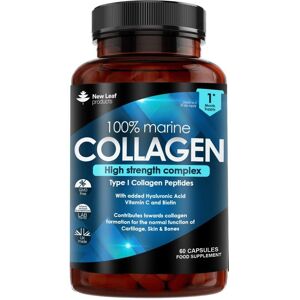 New leaf health Super Collagen Tablets 100% Marine Collagen 1470mg Type 1 - Hydrolysed Collagen Peptides Enhanced with Hyaluronic Acid & Vitamin C - 60 Capsules