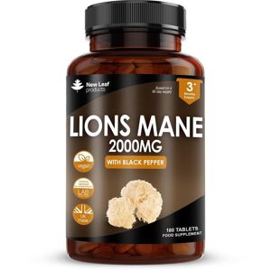 New leaf health Lions Mane Mushroom 2000mg - 180 High Strength Vegan Tablets with Black Pepper - Lion's Mane Mushrooms Extract (Not Powder or Capsules)