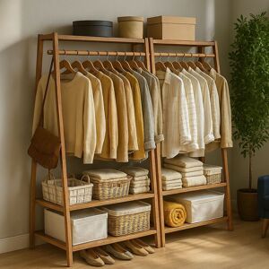 Storvo Wooden Clothes Rack Open Wardrobe With Shoe Storage in Light Brown Light Brown Storvo Wooden Clothes Rack Open Wardrobe With Shoe Storage in Light Brown Light Brown