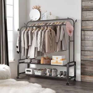 Pirlo Plush Heavy Duty Metal Clothes Rail Open Wardrobe With 2 Storage Shelves in Black Black Pirlo Plush Heavy Duty Metal Clothes Rail Open Wardrobe With 2 Storage Shelves in Black Black