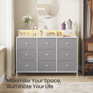 SONGMICS Large Chest of Drawers with 9 Fabric Drawers LED Lights Charging in Grey Grey SONGMICS Large Chest of Drawers with 9 Fabric Drawers LED Lights Charging in Grey Grey