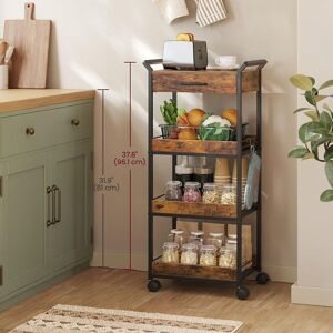 VASAGLE 4-Tier Rolling Storage Trolley Cart Lockable Castors Drawer Mesh in Brown Brown VASAGLE 4-Tier Rolling Storage Trolley Cart Lockable Castors Drawer Mesh in Brown Brown