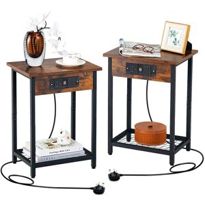 Costway Set of 2 Industrial Nightstand 2-Tier BedSide Sofa Table Bedroom Storage Unit w/ Charging Station in Brown Brown Costway Set of 2 Industrial Nightstand 2-Tier BedSide Sofa Table Bedroom Storage Unit w/ Charging Station in Brown Brown