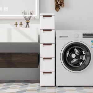 Costway 5-Drawer Narrow Storage Cabinet Bathroom Rolling Plastic Cart Container in White White Costway 5-Drawer Narrow Storage Cabinet Bathroom Rolling Plastic Cart Container in White White