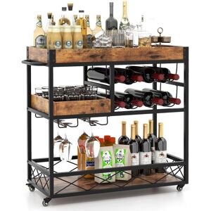Costway 3-Tier Industrial Kitchen Serving Cart Rolling Bar Serving Trolley W/ Wine Rack in Brown Brown Costway 3-Tier Industrial Kitchen Serving Cart Rolling Bar Serving Trolley W/ Wine Rack in Brown Brown