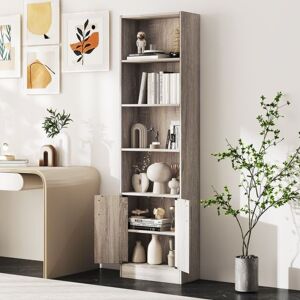 Costway 6-Tier Bookshelf 180cm Tall Bookcase w/4 Open Cubes & Double Doors Grey Grey Costway 6-Tier Bookshelf 180cm Tall Bookcase w/4 Open Cubes & Double Doors Grey Grey