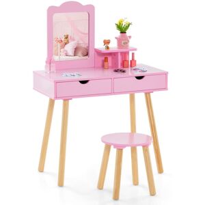 Gymax Kids Wood Vanity Dressing Table & Stool with Mirror & 2 Large Drawer in Pink Pink Gymax Kids Wood Vanity Dressing Table & Stool with Mirror & 2 Large Drawer in Pink Pink