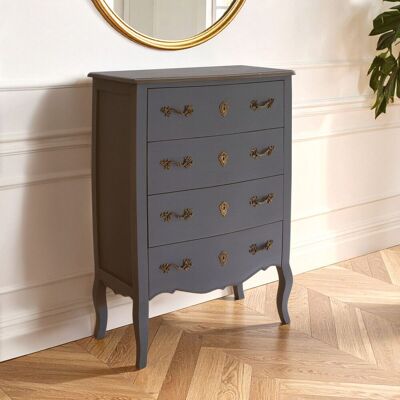 Orsina Classical 4 Drawer Dark Grey Chest, Bayur Wood Accent Cabinet with Brass Baroque Handles, Storage Drawer Unit Grey Orsina Classical 4 Drawer Dark Grey Chest, Bayur Wood Accent Cabinet with Brass Baroque Handles, Storage Drawer Unit Grey