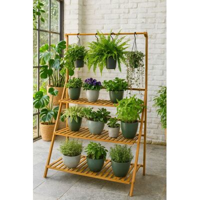 Neo 3‑Tier Indoor & Outdoor Foldable Bamboo Plant Stand with Hanging Hook in Light Oak Light Oak Neo 3‑Tier Indoor & Outdoor Foldable Bamboo Plant Stand with Hanging Hook in Light Oak Light Oak