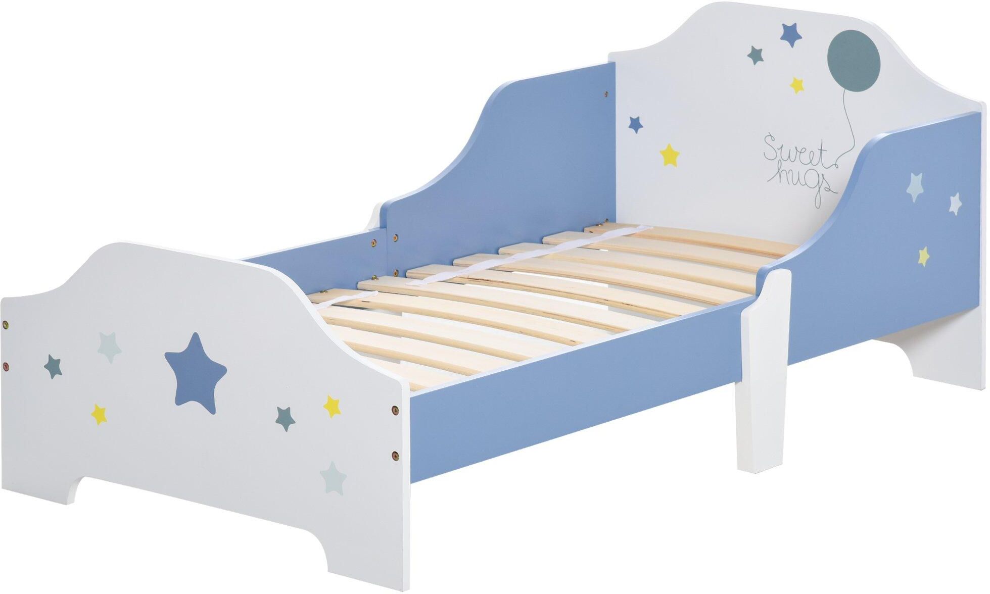 HOMCOM Kids Star & Balloon Single Bed Frame with Safe Guardrails Slats Bedroom Furniture