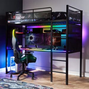 X Rocker Battlebunk RGB High Sleeper Bunk Bed with Gaming Desk & Shelving in Black Size: Single Black Single X Rocker Battlebunk RGB High Sleeper Bunk Bed with Gaming Desk & Shelving in Black Size: Single Black Single