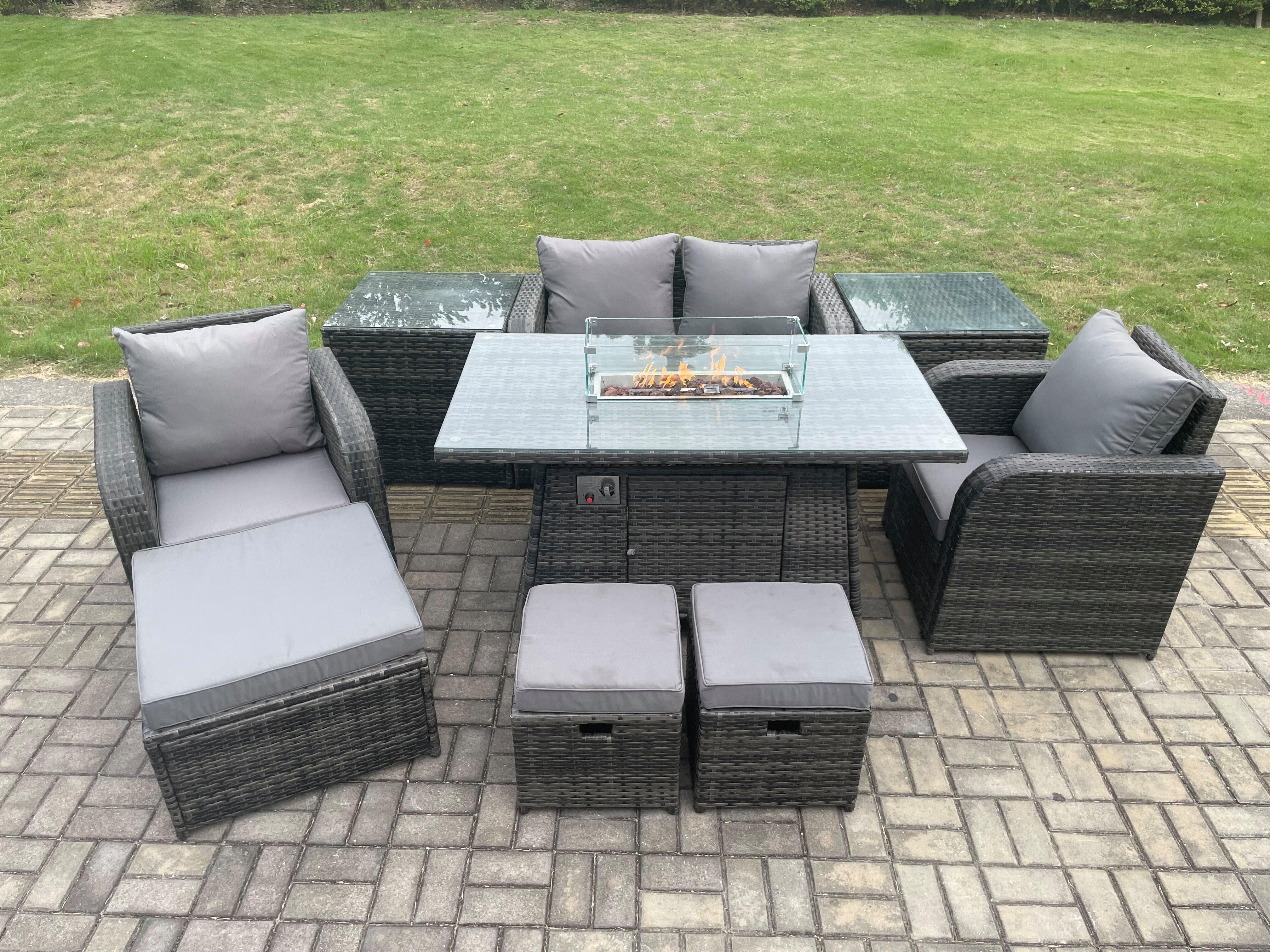 Fimous Rattan Garden Furniture Set Outdoor Patio Gas Fire Pit Dining Table and Chairs with 2 Side Table